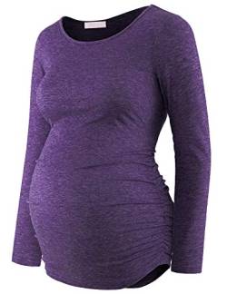Umstandsshirt Langarm Basic Top Rüschen Seiten Bodycon T-Shirt für Schwangere - Violett - Klein von Bhome