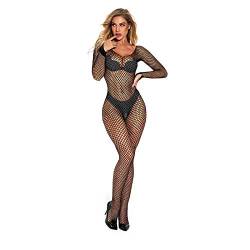 BiCophy Damen Unterwäschen Reizwäsche Netz Strumpfhose Bodystockings Hohle Blumen Frauen Bodysuit Nachtwäsche Dessous Sexy Netz Catsuit feine Spitze Overall Langarm offen im Schritt Schwarz von BiCophy