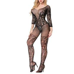 BiCophy Damen Unterwäschen Reizwäsche Netz Strumpfhose Bodystockings Hohle Blumen Frauen Bodysuit Nachtwäsche Dessous Sexy Netz Catsuit feine Spitze Overall Langarm offen im Schritt Schwarz von BiCophy