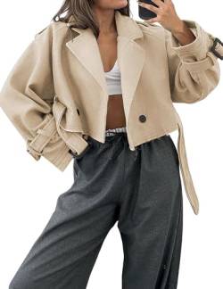 Bianstore Damen Casual Revers Zweireihige Trenchjacke Cropped Wollmischung Erbsenmantel Outwear mit Gürtel, Khaki, L von Bianstore