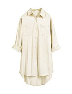 Bianstore Damen Oversized Leinenhemden Blusen Tops Langarm High Low Button Up Shirts, beige, Mittel von Bianstore