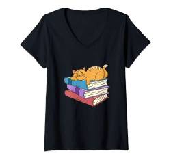Damen Bücherwurm Lese Katze Bücher T-Shirt mit V-Ausschnitt von Bibliothek Bücher Lehrer Autor Bücherwurm Geschenk