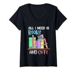 Damen Katzenmama Katzenbesitzer Katzen und Bücher T-Shirt mit V-Ausschnitt von Bibliothek Bücher Lehrer Autor Bücherwurm Geschenk