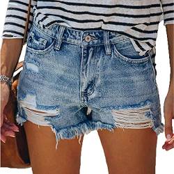 Bichingda Damen Denim Shorts Lässig Ausgefranster Saum Ripped Sommer Denim Jeans Shorts Hot Short Pants mit Taschen - Blau - Mittel von Bichingda