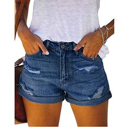 Bichingda Denim-Shorts für Frauen, zerrissene mittlere Taille, dehnbarer gefalteter Saum, kurze Jeans, lässige Denim-Shorts, Saum, heiße kurze Jeans - Blau - Groß von Bichingda