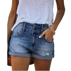 Bichingda Lässige Denim-Shorts für Damen, hohe Taille, ausgefranster Saum, zerrissene Sommerjeans, kurze Hotpants mit Taschen, Dunkelblau, Mittel von Bichingda