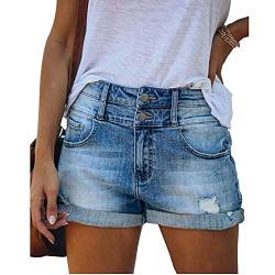 Bichingda Lässige Denim-Shorts für Damen, hohe Taille, ausgefranster Saum, zerrissene Sommerjeans, kurze Hotpants mit Taschen, Hell, blau, Klein von Bichingda