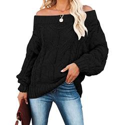 Bichingda Schulterfreier Damen-Pullover, Fledermausärmel, lose Übergröße, Zopfmuster, Pullover, Tops, Schwarz , S von Bichingda