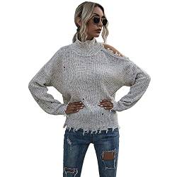 Damen Fransen Pullover Sweater Schulterfrei Ausgefranster Rohsaum Rollkragen Ripped Lose Sweater Pullover Top Strickpullover, beige, Mittel von Bichingda