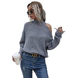 Damen Fransen Pullover Sweater Schulterfrei Ausgefranster Rohsaum Rollkragen Ripped Lose Sweater Pullover Top Strickpullover, grau, Groß von Bichingda