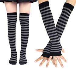 Bienvenu Damen Socken, gestreift, kniehoch, Armwärmer, fingerlose Handschuhe, Set, grau, Einheitsgröße von Bienvenu