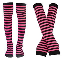 Bienvenu Damen-Socken, gestreift, kniehohe Socken, Armwärmer, fingerlose Handschuhe, Fuchsia, Einheitsgröße von Bienvenu