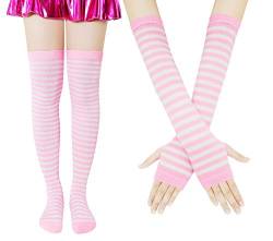 Bienvenu Damen-Socken, gestreift, kniehohe Socken, Armwärmer, fingerlose Handschuhe, Helles Pink, Einheitsgröße von Bienvenu