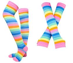 Bienvenu Damen-Socken, gestreift, kniehohe Socken, Armwärmer, fingerlose Handschuhe, Mehrfarbig, Einheitsgröße von Bienvenu