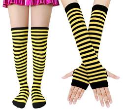 Bienvenu Damen-Socken, gestreift, kniehohe Socken, Armwärmer, fingerlose Handschuhe, Schwarz / Gelb, Einheitsgröße von Bienvenu
