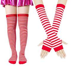 Bienvenu Damen-Socken, gestreift, kniehohe Socken, Armwärmer, fingerlose Handschuhe, rot / weiß, Einheitsgröße von Bienvenu