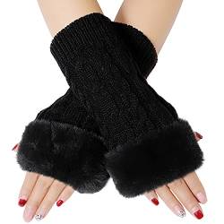 Bienvenu Fingerlose Handschuhe für Damen, Armstulpen mit Kunstpelz, Winter Fingerlose Fäustlinge, schwarz, Einheitsgröße von Bienvenu