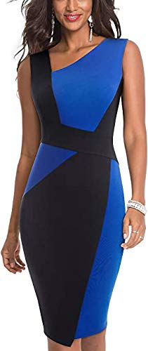 Bienwwow Damen Business Kleid Farbe Stretch Vintage Ärmellos Kontrast Kleid für Arbeit Gr. XX-Large, Blau + Schwarz von Bienwwow