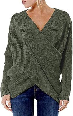 Bienwwow Damen Pullover mit gekreuztem Wickeln, unregelmäßiger Saum, lange Ärmel, vorne gestrickt, V-Ausschnitt Gr. M, armee-grün von Bienwwow