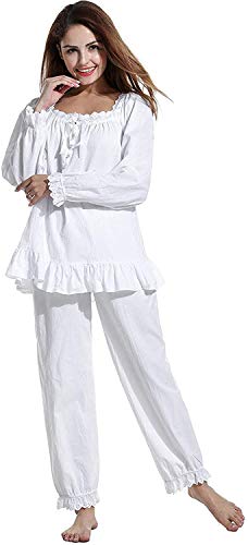 Bienwwow Damen-Schlafanzug, Baumwolle, viktorianisches Nachthemd, langärmelig, Nachthemd, Weißes Langarmshirt, 42 von Bienwwow