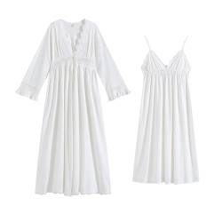 Bienwwow Zweiteiliges Prinzessin Viktorianisches Nachthemd Damen 100% Baumwolle V-Ausschnitt Spitze Nachthemden Nachtwäsche-Sets Pyjamas Set Palaststil Morgenmantel + Spaghettiträger Nachthemd Langes von Bienwwow