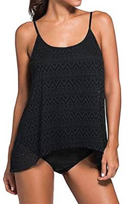 Einfarbiger Netz-Badeanzug mit hoher Taille, 2-teiliges Tankini-Set, Bikini, Bademode, Badeanzug, Übergröße (schwarz, 3XL, 3XL), Schwarz , 50 von Bienwwow