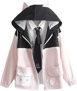 Mädchen niedlicher Druck Lose Langarm Reißverschluss Mäntel Kawaii Jacken Niedliche Katze Tasche Farblich Passender Hoodie Japanische Tops für Frauen, Schwarz, 36 von Bienwwow