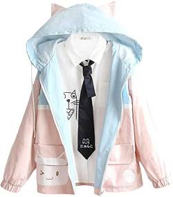 Mädchen niedlicher Druck Lose Langarm Reißverschluss Mäntel Kawaii Jacken Niedliche Katze Tasche Farblich Passender Hoodie Japanische Tops für Frauen, hellblau, 38 von Bienwwow