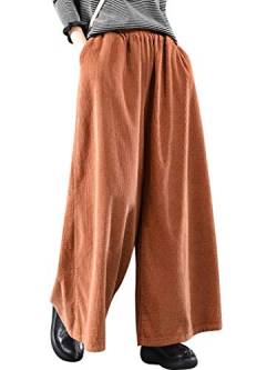 Bigassets Damen Elastische Taille Baumwolle Cordhose Weite Bein Hose Style 2 Brown von Bifscebn