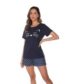 BigKing Damen Sommer Schlafanzug Damen Pyjama Sets Kurzarm Pyjama Süße Runde Punkte Pyjama Bequem Weich Atmungsaktiv T-Shirt, blau, 38 von BigKing