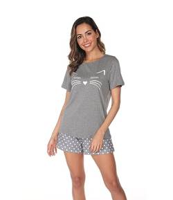 BigKing Damen Sommer Schlafanzug Damen Pyjama Sets Kurzarm Pyjama Süße Runde Punkte Pyjama Bequem Weich Atmungsaktiv T-Shirt, grau, 46 von BigKing