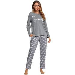 BigKing Langärmelige Katze gemusterte Pyjamas, niedliche Gepunktete Katze Pyjamas für Frauen (as3, Alpha, m, Regular, Regular, Grau) von BigKing