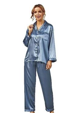 BigKing Langarm-Pyjama aus Seidenimitat, einfarbig, Homewear aus Seidenimitat, zweiteilig, Pyjama mit Knöpfen für Zuhause (as3, Alpha, m, Regular, Regular, Blau Grau) von BigKing
