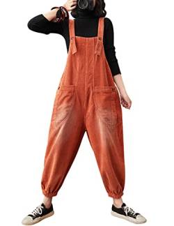 Bigassets Damen Cord Latzhose Beiläufig Baggy Jumpsuits mit Taschen Orange L von Bigassets
