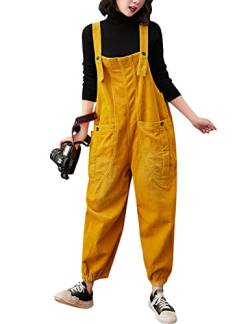 Bigassets Damen Cord Latzhose Beiläufig Baggy Jumpsuits mit Taschen Yellow M von Bigassets