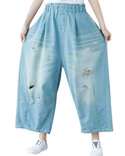 Bigassets Damen Elastische Taille Jeans Hose mit weitem Bein Style 1 Light Blue von Bigassets