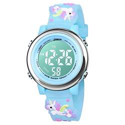 Bigmeda Kinder Armbanduhr 3D Cartoon Wasserdicht 7 Farben Lichter Kleinkind Handgelenk Digitaluhr mit Alarm Stoppuhr für 3-10 Jahre Jungen Mädchen kleines Kind (BlauEinhorn) von Bigmeda