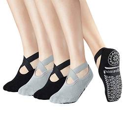 Yoga Socken für Frauen Rutschfeste Trainingssocken mit Griff, Pilate Barre Anti Rutsch Socken mit Riemen klebrig für erwachsene Damen EU35-40 Packung mit 4 von Bignewod