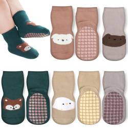 Bigqin 4 Paar Socken Baby Antirutschsocken für Kinder Mädchen Jungen Verdicken Winter Warme Süße Tier Cartoon Kleinkinder Rutschfeste Stoppersocken Kinder für 1-3 Jahre Alt - Fuchs/Katze/Küken/Welpe von Bigqin