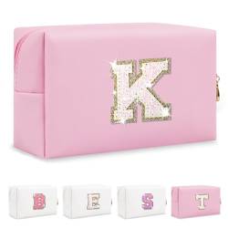 Biileen Kleine personalisierte Make-up-Tasche mit Initialbuchstaben, Rosa Leder, weiße Buchstaben, K von Biileen