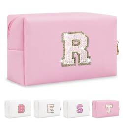 Biileen Kleine personalisierte Make-up-Tasche mit Initialbuchstaben, Rosa Leder, weiße Buchstaben, R von Biileen