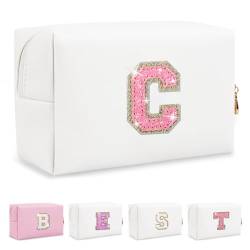 Biileen Kleine personalisierte Make-up-Tasche mit Initialbuchstaben, Weißes Leder, rosa Buchstaben, C von Biileen