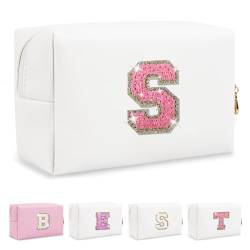 Biileen Kleine personalisierte Make-up-Tasche mit Initialbuchstaben, Weißes Leder, rosa Buchstaben, S von Biileen