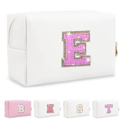Biileen Kleine personalisierte Make-up-Tasche mit Initialbuchstaben, Weißes Leder, roserierter Buchstabe, E von Biileen
