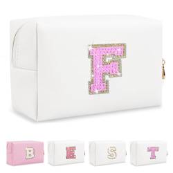 Biileen Kleine personalisierte Make-up-Tasche mit Initialbuchstaben, Weißes Leder, roserierter Buchstabe, F von Biileen