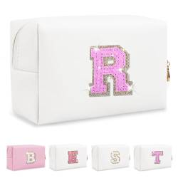 Biileen Kleine personalisierte Make-up-Tasche mit Initialbuchstaben, Weißes Leder, roserierter Buchstabe, R von Biileen