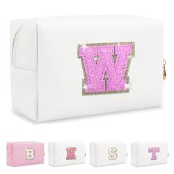 Biileen Kleine personalisierte Make-up-Tasche mit Initialbuchstaben, Weißes Leder, roserierter Buchstabe, W von Biileen