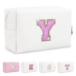 Biileen Kleine personalisierte Make-up-Tasche mit Initialbuchstaben, Weißes Leder, roserierter Buchstabe, Y von Biileen