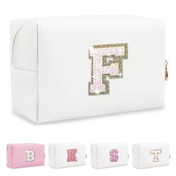 Biileen Kleine personalisierte Make-up-Tasche mit Initialbuchstaben, Weißes Leder, weiße Buchstaben, F von Biileen