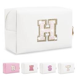 Biileen Kleine personalisierte Make-up-Tasche mit Initialbuchstaben, Weißes Leder, weiße Buchstaben, H von Biileen